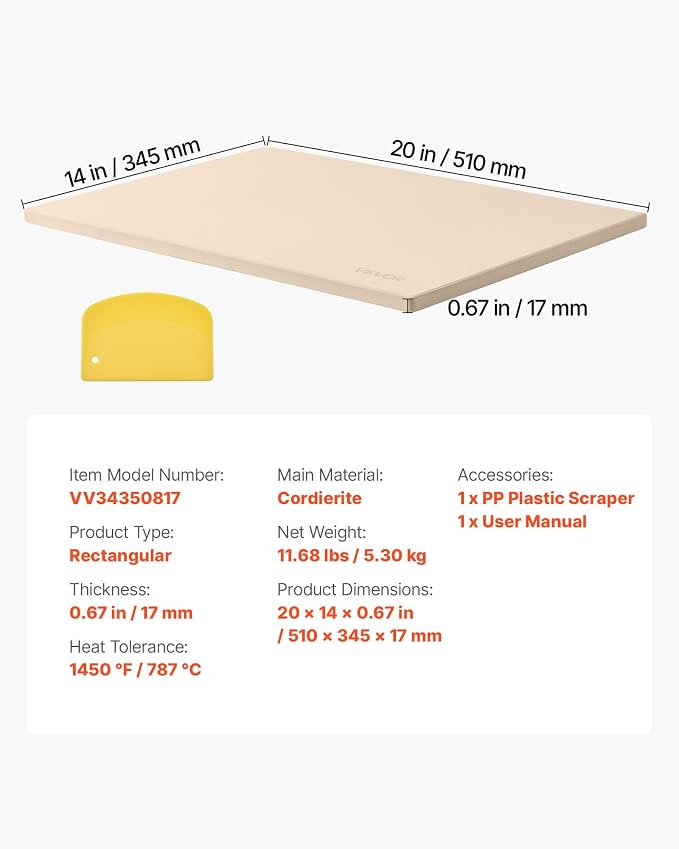 VEVOR Pizza Stone, 20 x 14 x 0.67 in Rectangular Pizza Stone, Extra Large Baking-Stone with Scraper, 1450℉ Heat-Resistant Cordierite, for Oven, BBQ Griller, Baking Bread & Pizza