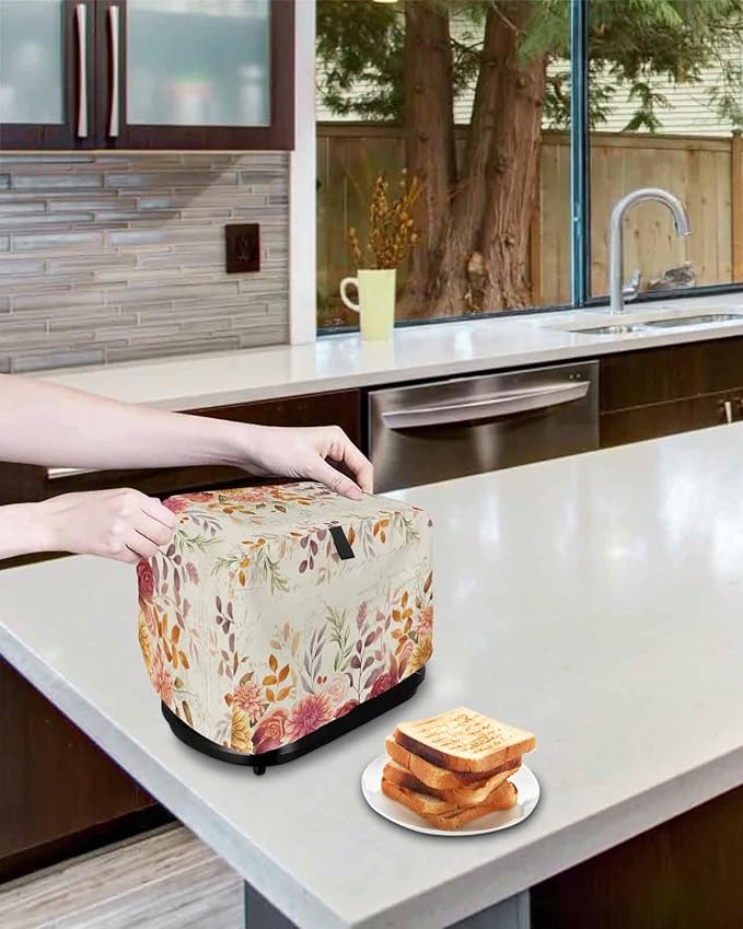 Red Orange Floral Fall Toaster Cover 4 Slice, Thanksgiving Eucalyptus Leaves Dustproof Bakeware Oven Protector with Top Hook, Rustic Waterproof Small Kitchen Appliance Toasters Dust Cover, 12"x11"x8"