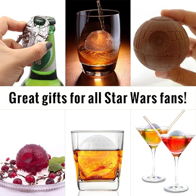 Whiskey Ice Ball Mold Death Star Ice Cube Mold,Great Star Wars Gifts for Men (4 Packs+1 Bottle Opener+Tray)