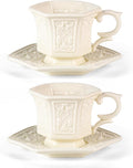 KAMMAK Tea Cups and Saucers Set of 2, Porcelain Coffee Cups, 6-Ounce Stackable Espresso Mugs, Ceramic Demitasse for Coffee, Latte, Americano, Tea, Retro Cream