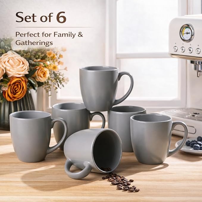 GBhome 16oz Coffee Mugs Set of 6, Large Ceramic Coffee Mugs for Man, Woman, Dad, Mom, Modern Coffee Mugs Set with handle for Tea/Latte/Cappuccino/Milk/Cocoa. Dishwasher&Microwave Safe,Matte Grey