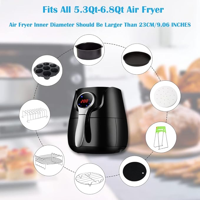 9 Inch Air Fryer Accessories XL 7 PCS with Cupcake Pan, Pizza Pan, Silicone Baking Cup, Recipe Cookbook for 9 Inch 5.3Qt - 6.8Qt and Larger Size Phillips Air Fryer Pressure Cooker Steamer
