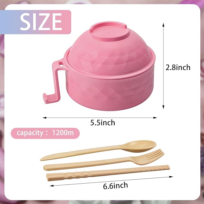 2 Sets Microwave Ramen Bowl 40 oz Wheat Fiber Portable Instant Noodle Cooker Bowl with Handles Strainer Spoon Chopstick Fork College Dorm Room Apartment Essentials(Pink, Light Blue)