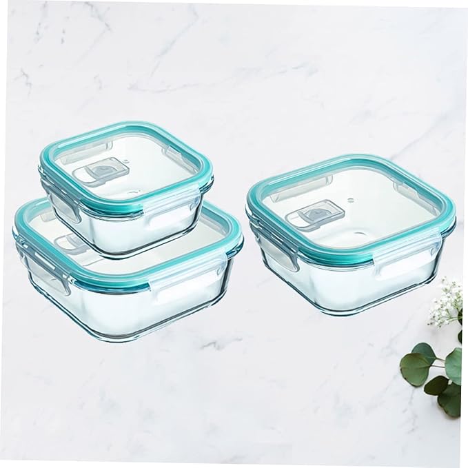 PRETYZOOM 3Pcs Convenient Sky-blue Glass Bowl with Hidden Vent Heat-resistant and Safe for Microwave Use Practical Household Food Storage Containers in Multiple