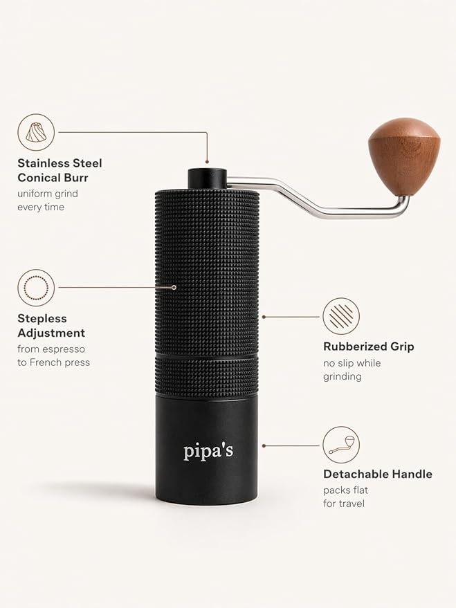 Pipa's Manual Coffee Grinder — Stainless Steel Conical Burr Mill, Stepless Adjustment, 35g Portable Hand Grinder for Espresso, Pour Over, French Press | Silent Operation | Premium Coffee Lover Gift