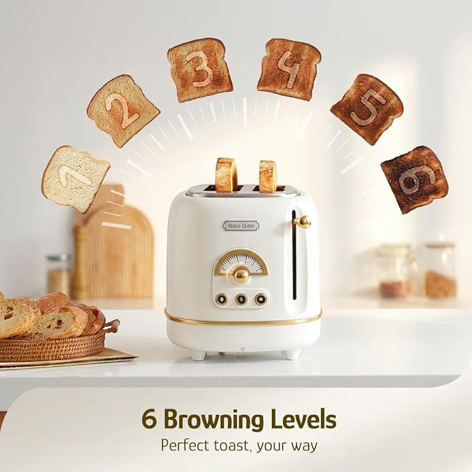 Hazel Quinn 2-Slice Retro Toaster, 6 Browning Levels, 3 Functions-Defrost/Reheat/Cancel, Removable Crumb Tray for Easy to Clean, 1.5 Inches Extra Wide Slots - Pearl White