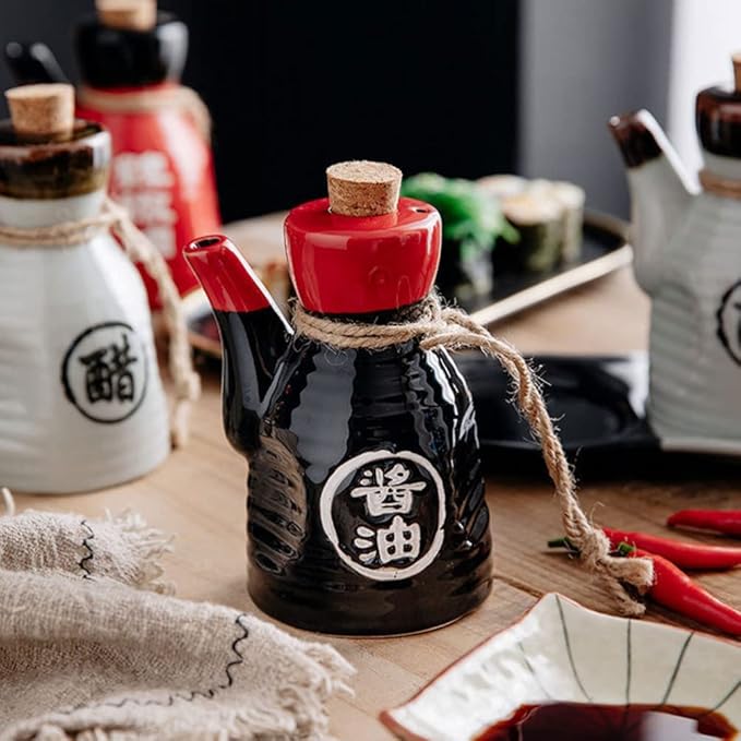 Luxshiny Japanese Style Ceramic Soy Sauce Vinegar Bottle 4.92X2.75X2.75 Inch Reusable Kitchen Dispenser for Cooking and Dining Seasoning