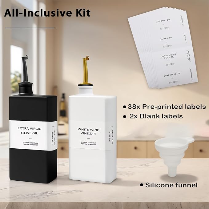 Olive Oil Dispenser Bottle for Kitchen, UV-Blocking Oil and Vinegar Dispenser Set, Soy Sauce Dispenser, Coffee Syrup Bottles, Modern Kitchen Decor (Black & White, 4pcs)