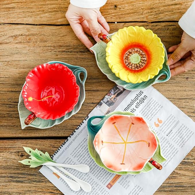 Lily Flower Tea Cup and Saucer Set 6 Oz, Enamel Flower Porcelain Coffee Cup Saucer Set with Spoon for Women, Hand Crafted Tea Set (Clivia Lily)