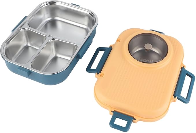 Tbest Thermal Lu Box For Hot Food Thermal Tazon,Lu Box Lu Box Thermal Lu Box 1100Ml Double Layer 3 Grid Design 304 Stainl Steel Box With Chopsticks Spoon Soup Bowl G (Blue Yellow)