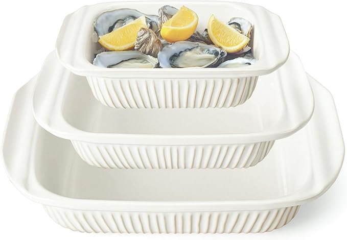 Artena Casserole Dishes For Oven, Ceramic Baking Dish, Large Lasagna Pan With Handles, Baking Pan Casserole Dish, Rectangular Bakeware Deep, Set Of 3 (5.1Qt/2.3Qt/1.1Qt) (White)