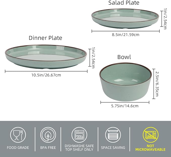 Melamine Dinnerware Set 12 Piece for 4, Green Spray Dots Unbreakable Plates and Bowls with Dark Brown Rim, Lightweight Durable Dishware for Camping Picnic Party