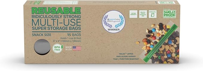 Smelly Proof 15 x Reusable Food Storage Bags, Reusable Freezer Bags, Reusable Snack Bags, Stand-Up Expandable “Stand & Fill”, Clear 3-Mil 6” x 4”, US Made, BPA FREE, NO PEVA, 15-pk
