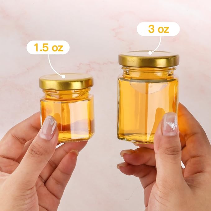 3 oz Mini Glass Honey Jars | 48-Pack Honey Jars with Wood Dippers, Gold Lids, Gift Bags, Bee Charms, Labels, Tags, Twine | Perfect for Baby Shower Party Favors, Wedding Favors, Bridal Showers
