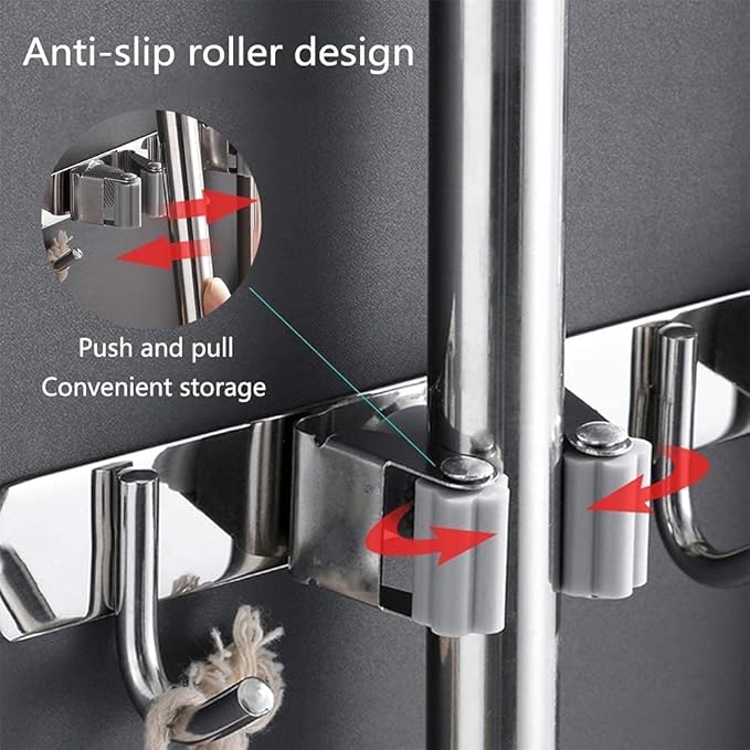Broom Mop Holder Wall Mount Stainless Steel Tool Hanger Storage Organizer for Home, Kitchen, Garage, Garden, Laundry Room, Bathroom Organization and Storage(4 Racks 5 Hooks)