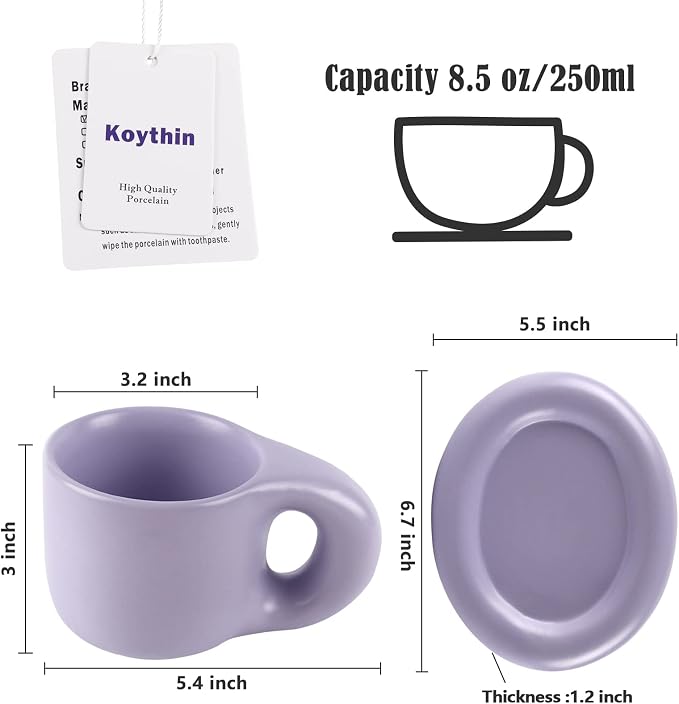 Koythin Ceramic Coffee Chubby Mug Saucer Set, Creative Cute Fat Handle Cup with Saucer for Office and Home, Dishwasher and Microwave Safe, 10 oz for Latte Tea Milk (Light Purple)