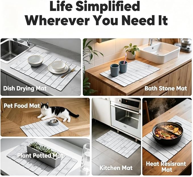 Stone Drying Mat for Kitchen Counter, Quick Diatomaceous Earth Mats for Dishes, 23.6"L x 15.7" W Super Absorbent Fast-Drying Collapsible Countertop Stone Mat (Marble White, 24" x 16")