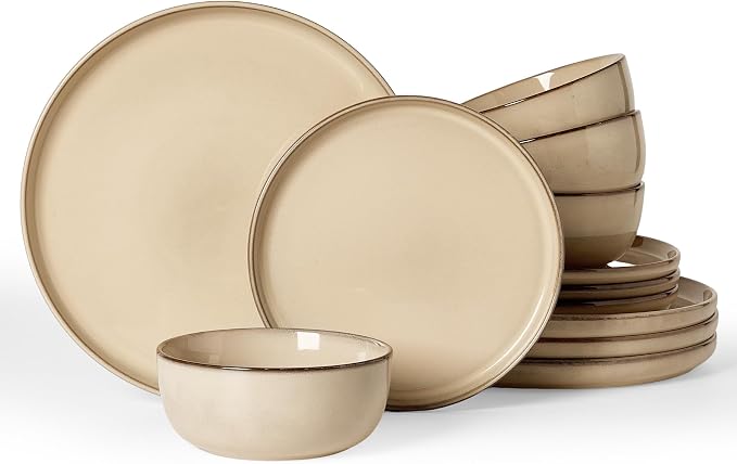 Famiware Milkyway Stoneware Dinnerware Set, 12-Piece, Double Reactive Glaze, Plates and Bowls, Service for 4, Microwave and Dishwasher Safe, Scratch-Resistant, Milk Tea