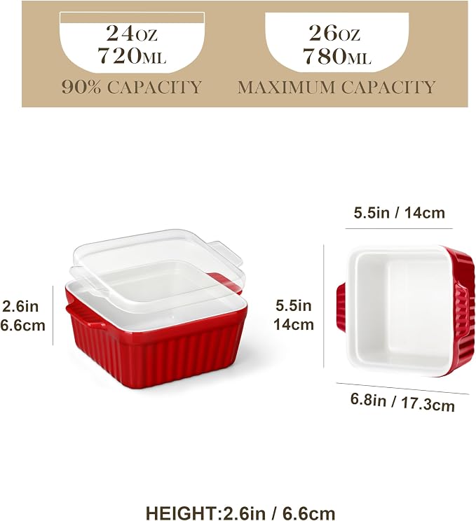MALACASA Baking Dishes for Oven, Small Ceramic Baking Dishes with Silicone Lids for Individual Portions 5.5" x 5.5" Square Casserole Dishes Set of 2 Oven Microwave, and Air Fryer Safe, Red
