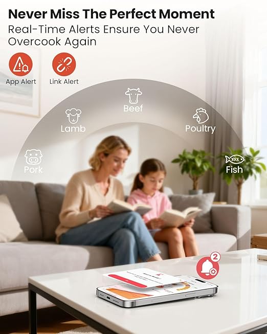 UNERVER Wireless Meat Thermometer with WiFi Unlimited Range - Ultra Thin Probe with 6 High Accuracy ±0.5°F Sensors, Digital Bluetooth Base, Login-Free Smart App, Ideal for Smoker, Oven, Rotisserie