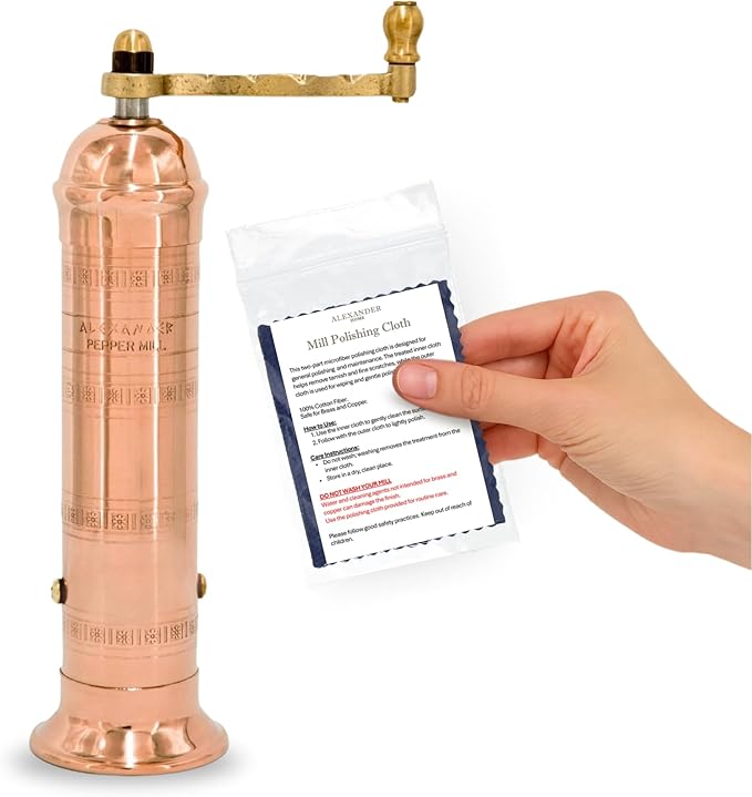 Alexander Home Original Greek Pepper Mill, 8-Inch Copper – European Manual Pepper Grinder, Refillable, with Polishing Cloth