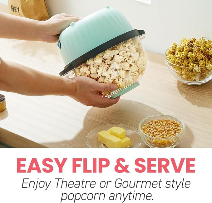 Elite Gourmet EPM145M 18-cup Hot Oil Stirring Popcorn Popper w/Measuring Cap & Reversible Serving Bowl & Butter Melting Tray, Great for Parties, Movie Night, Anytime Snack, Safety ETL Approved, Mint