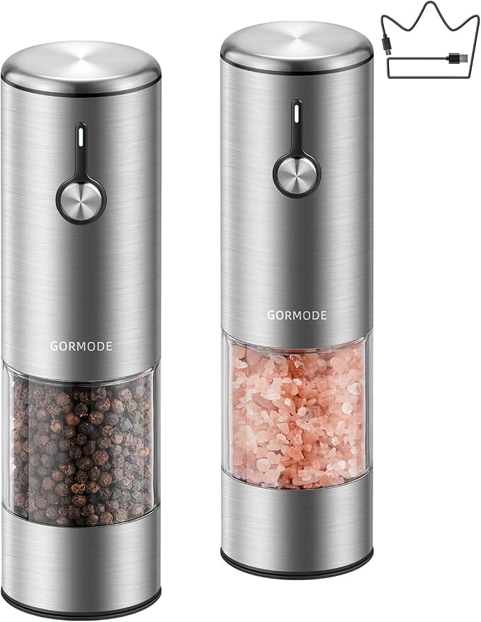 Electric Salt and Pepper Grinder Set, USB Rechargeable Automatic Pepper Mill, Large Capacity with Dual LED Light, One-Handed Operation, Slide Cover, Brushed Stainless Steel
