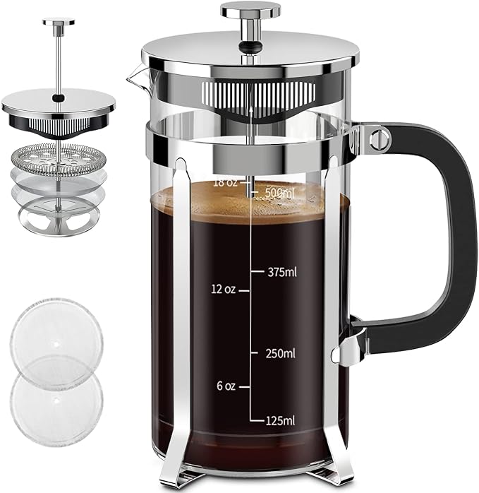 QUQIYSO French Press Coffee Maker 304 Stainless Steel French Press with 4 Filter, Heat Resistant Durable, Easy to Clean, Borosilicate Glass Coffee Press, 100% BPA Free Glass Teapot, 21 ounce, Silver