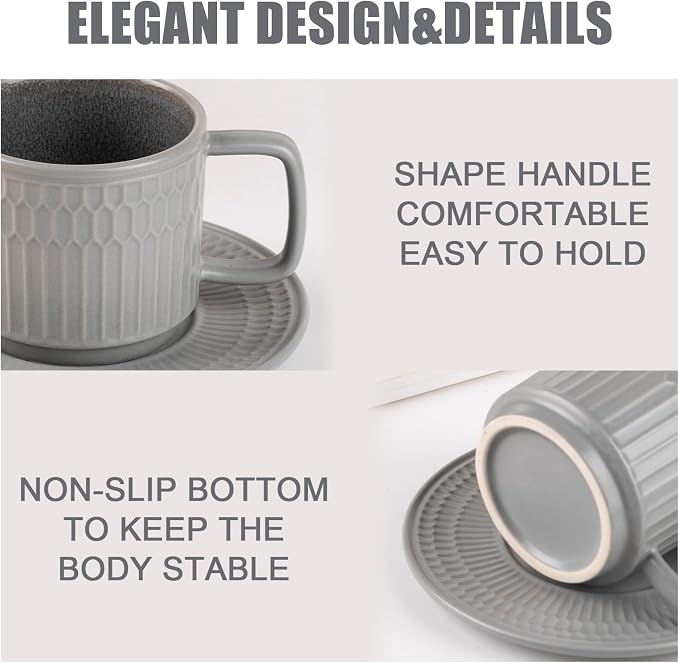 8oz Cappuccino Cups with Saucers Set of 4, 8 Ounce Stackable Embossed Ceramic Coffee Mugs for Specialty Coffee Drinks, Latte Mugs, Cafe Mocha and Tea, Dishwasher & Microwave Safe (Grey)