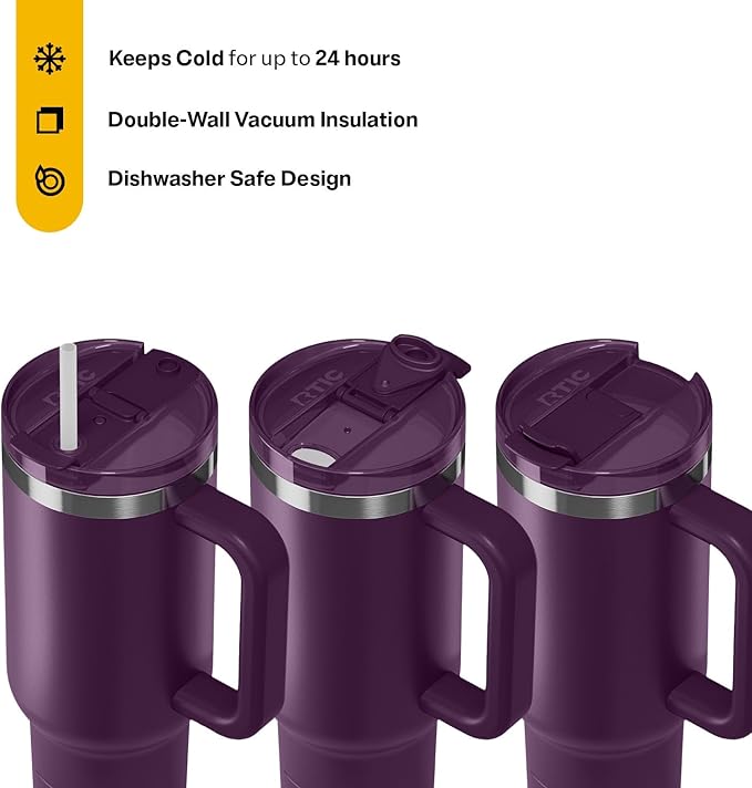RTIC 40 oz Road Trip Tumbler Double-Walled Cermaic Lined Insulated Stainless Steel Portable Travel Coffee Mug Cup with Lid, Handle and Straw, Plum