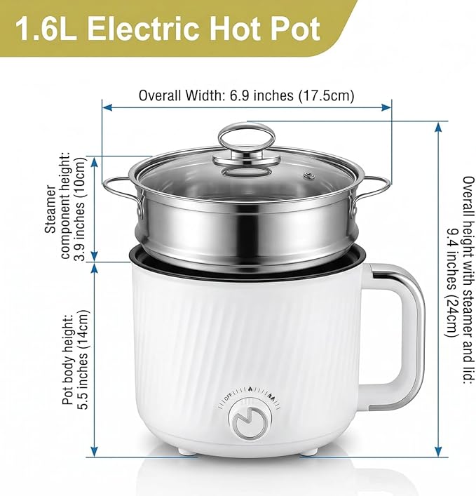 1.6L Electric Ramen Cooker Multicooker: Non-Stick Hot Pot for Instant Noodles Pasta Oatmeal Stews Soup Shabu-Shabu and Egg Dorm Cooking Includes Steamer Basket & Glass Lid Power Adjustment White