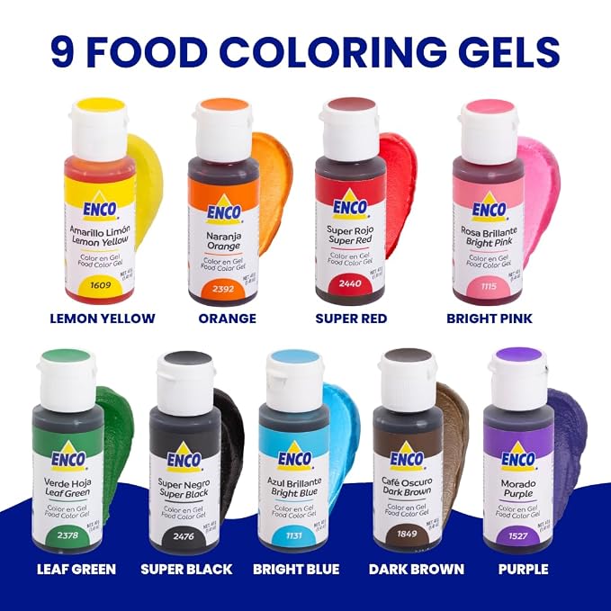 ENCO 9 Basic Food Coloring Gel Set 1.41 oz each (40 g) Concentrated, Vegan, Includes Color Mixing Guide