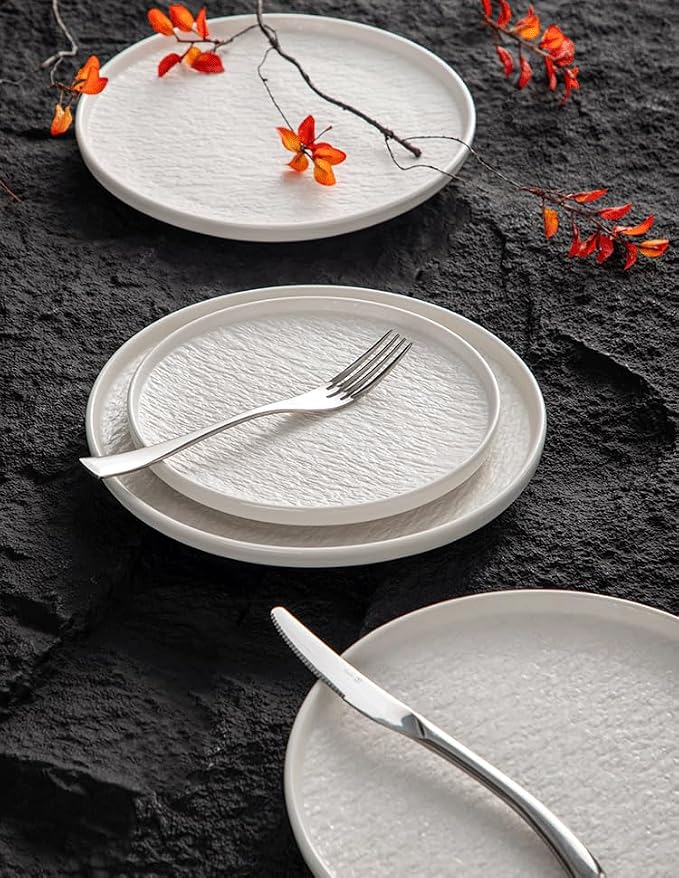 4-piece set, ceramic, embossed stone design plate and bowl set, microwave and dishwasher compatible tableware set, shatterproof and scratch resistant dinner set, irregular edge design, white