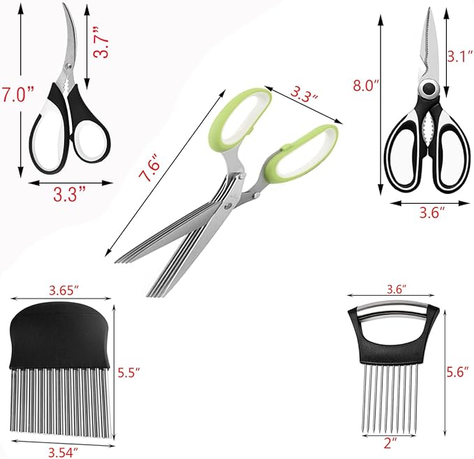 5-Blade Herb Scissors, Kitchen Shears, Seafood Scissors, Onion Holder Slicer and Potato Crinkle Cutter, yamesu Kitchen Gadget Salad Herb Tools 5 Sets