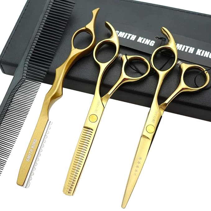 5.5 Inches Hair Cutting Scissors Set with Razor Combs Lether Scissors Case,Hair Cutting Shears Hair Thinning Shears for Personal and Professional (Gold)