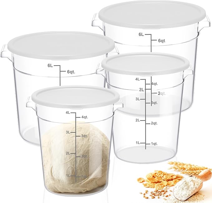 Suclain 4 Set 6 Quart 4 Qt Round Food Storage Containers with Lids Clear Proofing Container for Dough Bread with Scale Handle Home Restaurant Commercial Food Storage(White)