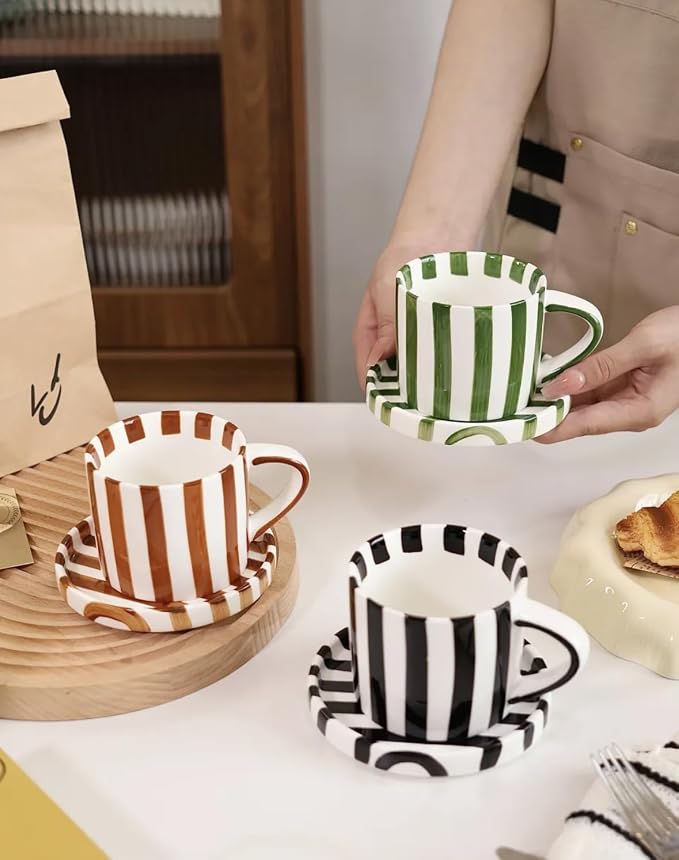 Cup and Saucer Set Hand-Painted Green Stripes, 8 Oz Ceramic Coffee Mug, Espresso Cups, Porcelain Coffee Cup for Cappuccino, Espresso, Coffee, Tea, Cafe Mocha, Latte, Set of Cup Gift for Coffee Lover