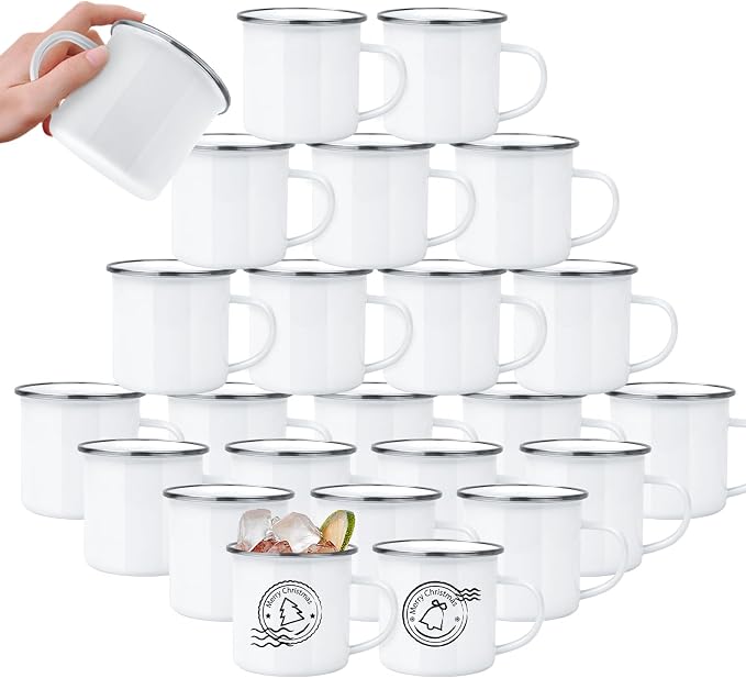 YOUKE OLA 24 Pack Sublimation Blanks Enamel Mug Camping Outdoor Coffee Travel Metal Mug with Silver Rim for Heat Transfer DIY Gift White 12oz