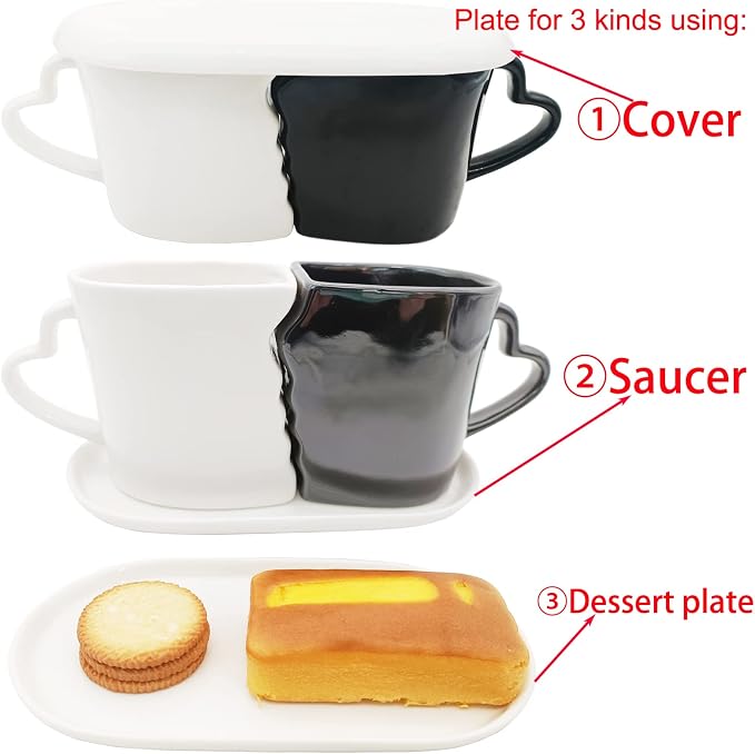 Large Kissing Mugs Set 16oz Kiss Couples Two Coffee Cups with Saucer Love Gifts for Anniversary, Wedding, Valentines, Birthday, Engagement, Lovers Household Tableware White Black Ceramic