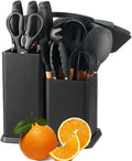 19 Pieces Kitchen Utensil and Knife Set with Storage, with 11 Piece Silicone Cooking Utensils Set 5 ieces Sharp Stainless Steel Chef Knives Scissors Whisk Tongs and Cutting Board, Black