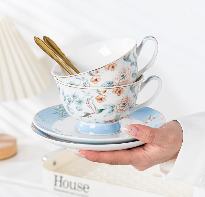 Jusalpha Porcelain Tea Cup and Saucer Set with Golden Spoon, Blue Floral Pattern, 12 Piece, 7 Oz, Modern Style, Hand Wash