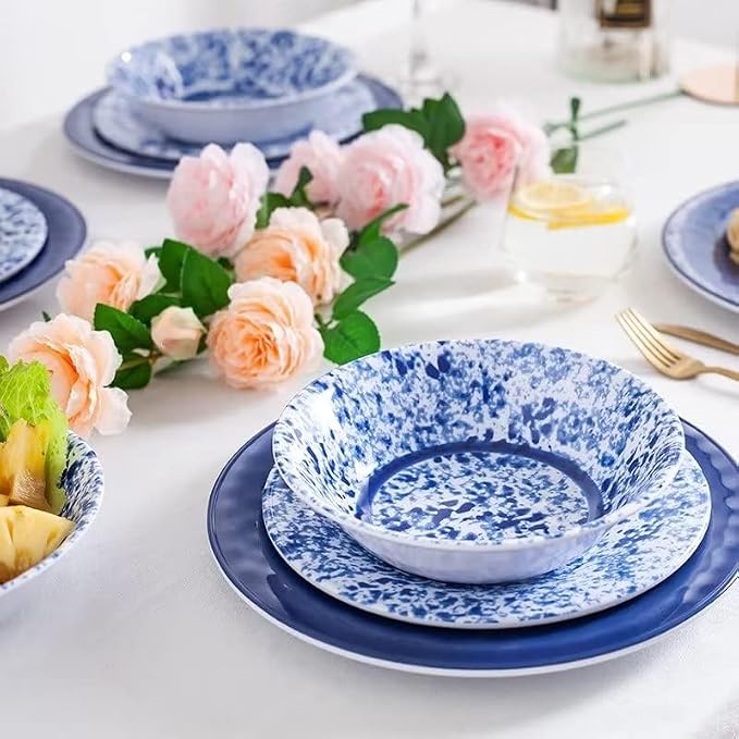 Melamine Dinnerware Set, 12 Piece Service for 4, Blue and White Porcelain Tableware Dishes for Indoor and Outdoor Use, Unbreakable Plates and Bowls Sets, Dishwasher Safe BPA Free