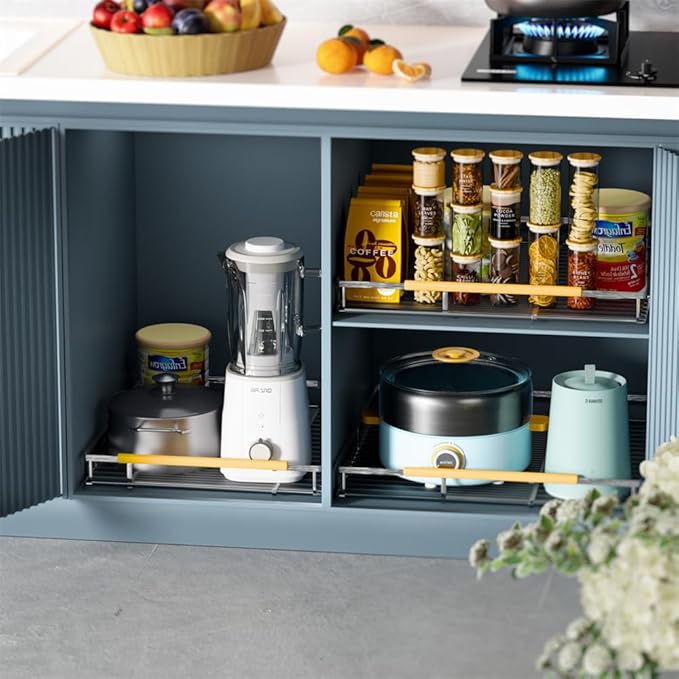 SANNO Pull Out Cabinet Organizer,Expandable Slide Out Shelf, Bottom-Mounted Sliding Shelf Under Sink Shelf, Expandable Shelves with Sliding for Kitchen Cabinets Under Sink,3