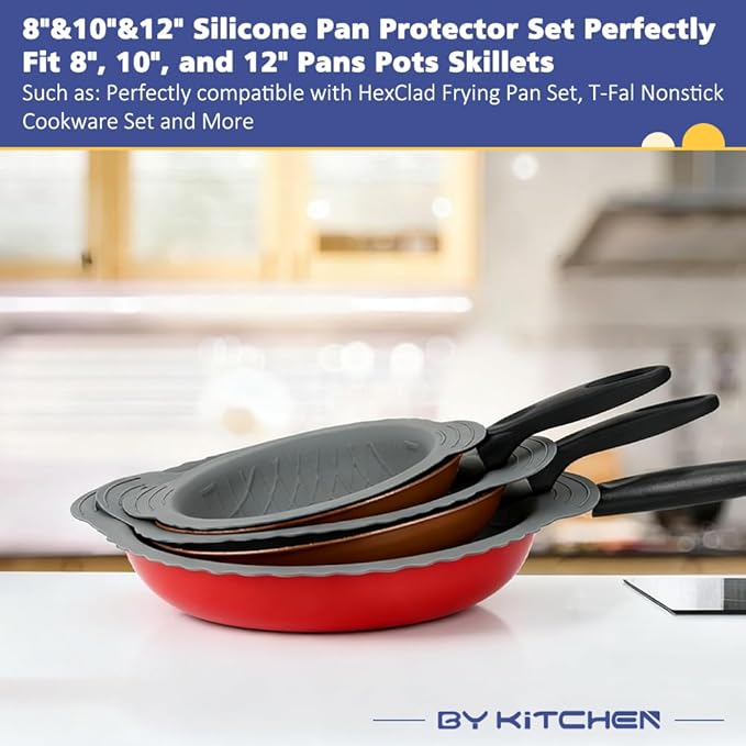 BYKITCHEN 3PCS Silicone Pan Protectors with 6PCS Felt Pan Pot Separators Dividers Pads for Stacking and Protecting Your Cookware, Compatible with Hexclad Cookware Set, Tfal Nonstick Frying Pans &More