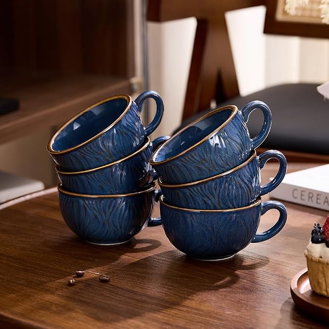 Coffeezone Set of 6 Vintage Design 12 oz Professional Barista Ceramic Latte Art Cappuccino Cups Set (Wave Blue)