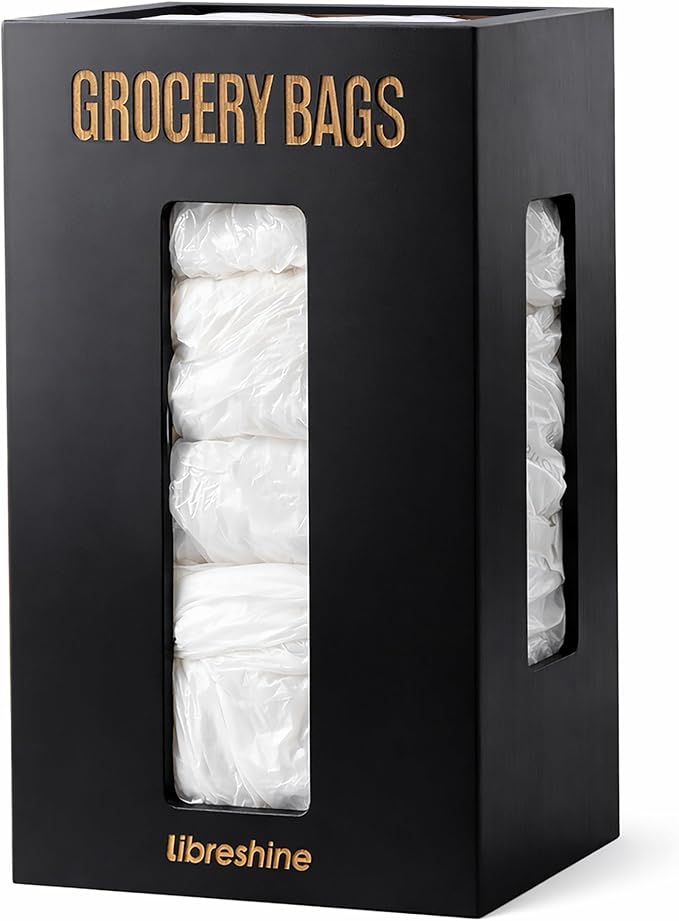 Libreshine Extra Large Black Bamboo Grocery Bag Holder for Plastic Bags, Under Sink Cabinet or Wall Mounted Organizer, Space-Saving Bag Dispenser for Kitchen, Pantry, Laundry Room, Garage