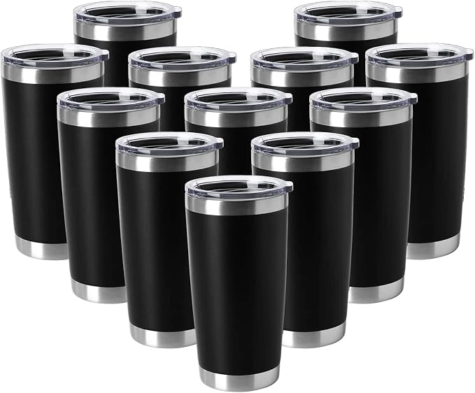 HASLE OUTFITTERS 20oz Tumblers Stainless Steel Mugs with Lid Double Wall Vacuum Insulated Coffee Cups for Cold & Hot Drinks (20oz-Black, 12 Pack)