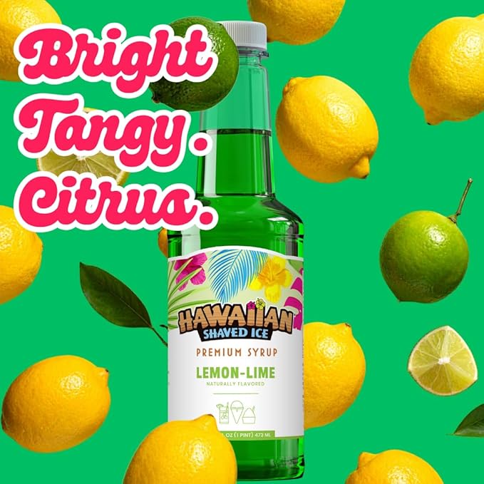Hawaiian Shaved Ice Lemon-Lime Syrup - Nut Soy Dairy Free - Flavor Fluffy & Crunchy Snow Cones - Shelf Stable - Makes 8 Servings - 16 ounces
