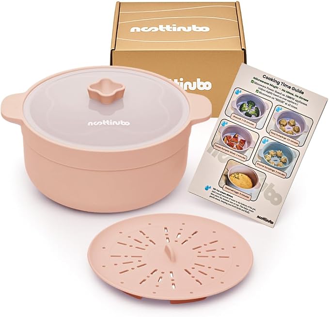 Microwave Egg Cooker & Ramen Cooker | 1.2L Silicone Microwave Steamer Pot with Lid & Steamer Mat | BPA-Free, Dishwasher Safe | noottinubo (Strawberry Milk)