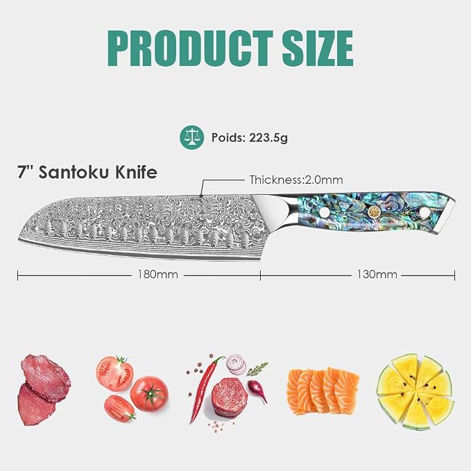 KEENZO Damascus Santoku Knife 7 inch, Razor Sharp Professional Chef Knife, Japanese Hand Forged 67 Layers Hammered Damascus Blade, Ergonomic Abalone Shell Handle Cooking Knife with gift box